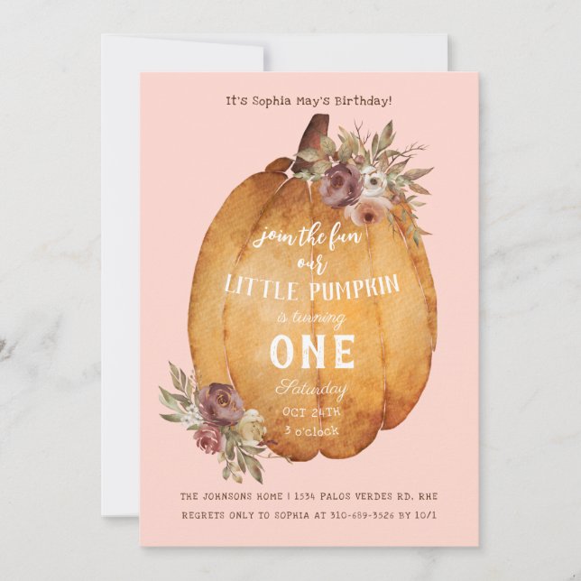 Autumn Harvest Pumpkin First Birthday Party Invitation (Front)