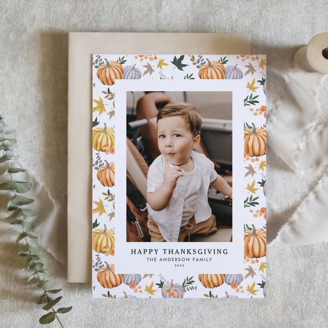 Autumn Harvest Pumpkin Happy Thanksgiving Photo Holiday Card (Personalized Photo Thanksgiving Card with Pumpkins in Orange, Yellow and Grey)