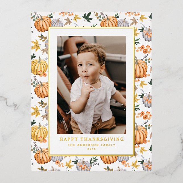 Autumn Harvest Pumpkin Pattern Thanksgiving Photo Foil Holiday Postcard (Front)