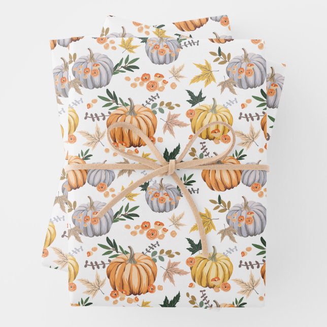 Autumn Harvest Pumpkin Thanksgiving Pattern Wrapping Paper Sheet (In situ)