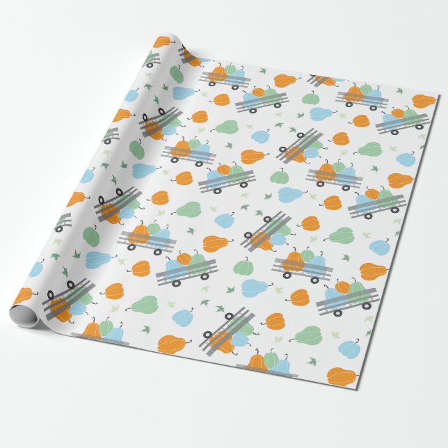 Autumn Harvest Pumpkins Wagon Pattern Wrapping Paper (Unrolled)