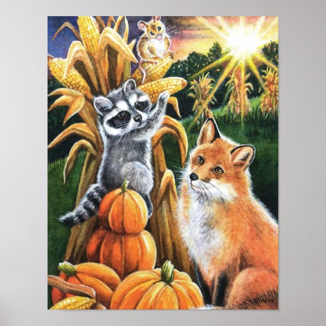 Autumn Harvest Red Fox Racoon Watercolor 11x14 Poster (Front)