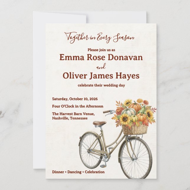 Autumn Harvest Rustic Bicycle Wedding Invitation (Front)