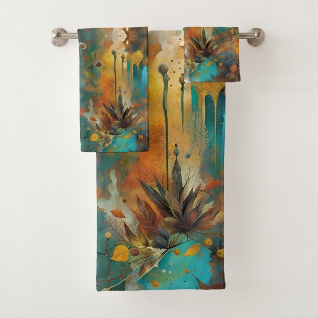 Autumn Harvest Teal Rust Gold Abstract Bath Towel Set (Insitu)