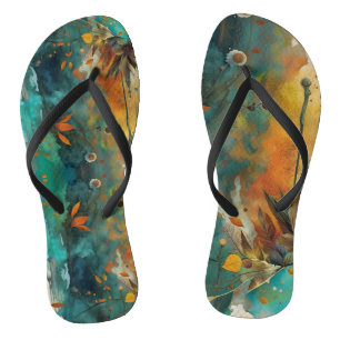Autumn Harvest Teal Rust Gold Abstract Flip Flops