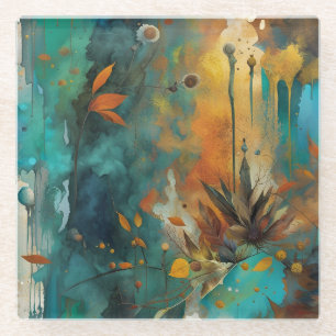 Autumn Harvest Teal Rust Gold Abstract Glass Coaster