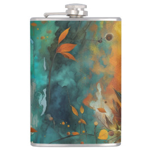 Autumn Harvest Teal Rust Gold Abstract Hip Flask