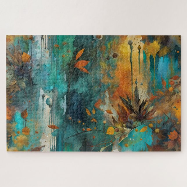 Autumn Harvest Teal Rust Gold Abstract Jigsaw Puzzle (Horizontal)