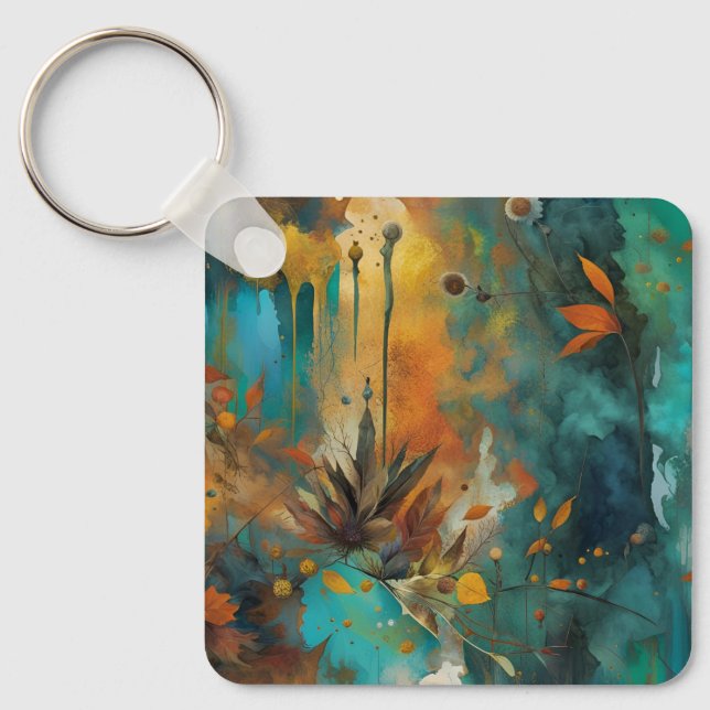 Autumn Harvest Teal Rust Gold Abstract Key Ring (Front)