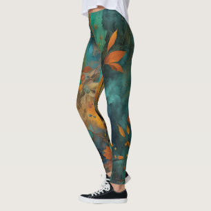 Autumn Harvest Teal Rust Gold Abstract Leggings