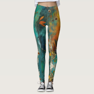 Autumn Harvest Teal Rust Gold Abstract Leggings