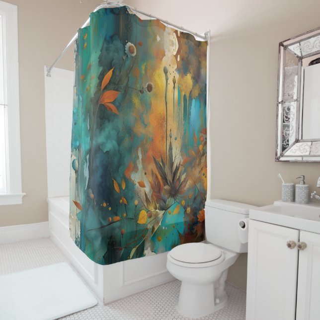 Autumn Harvest Teal Rust Gold Abstract Shower Curtain (In Situ)