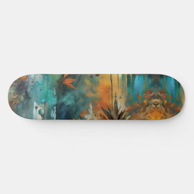 Autumn Harvest Teal Rust Gold Abstract Skateboard (Horz)