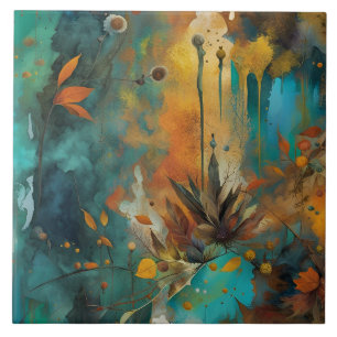 Autumn Harvest Teal Rust Gold Abstract Tile