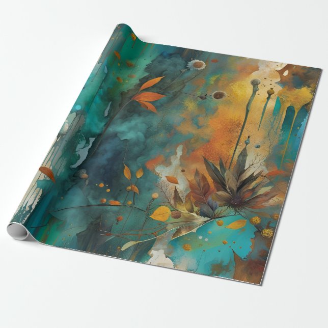 Autumn Harvest Teal Rust Gold Abstract Wrapping Paper (Unrolled)