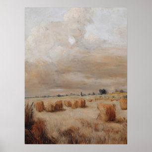 Autumn hay field painting, vintage art, oil paint poster
