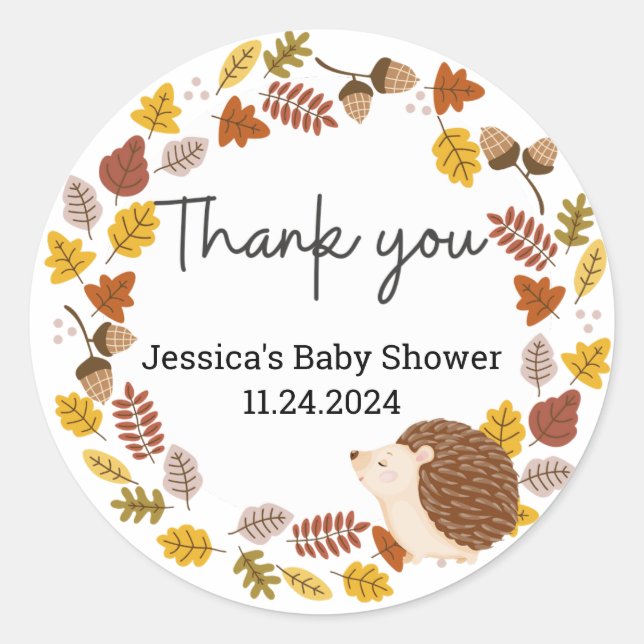 Autumn Hedgehog Baby Shower Thank you  Classic Round Sticker (Front)