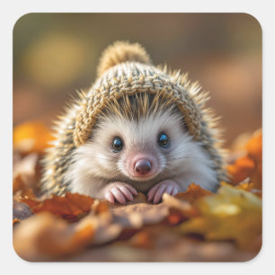 Autumn Hedgehog With Knitted Cap Square Sticker