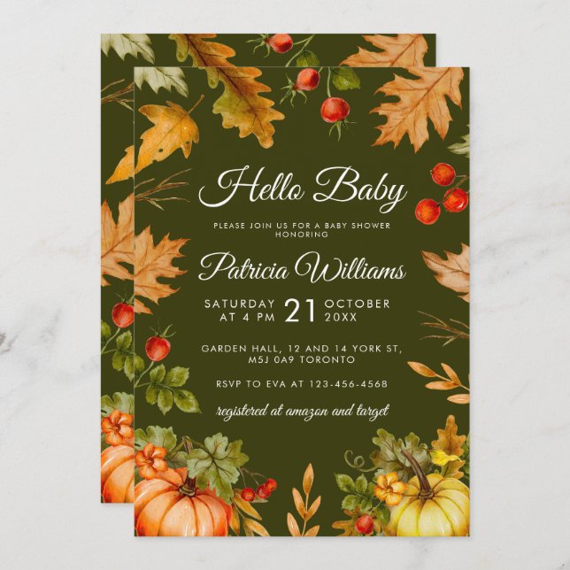 Autumn Hello Baby Pumpkin Foliage Baby Shower Invitation (Front/Back)