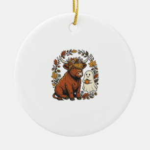 Autumn Highland Cow Ghost Vintage Engraving Shirt Ceramic Tree Decoration
