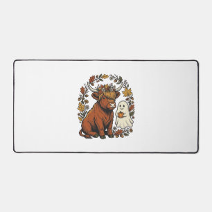 Autumn Highland Cow Ghost Vintage Engraving Shirt Desk Mat