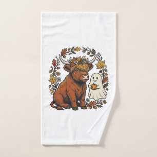Autumn Highland Cow Ghost Vintage Engraving Shirt  Hand Towel