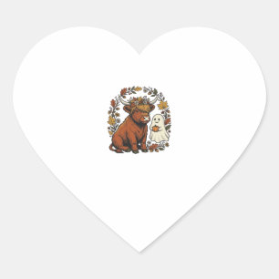 Autumn Highland Cow Ghost Vintage Engraving Shirt Heart Sticker