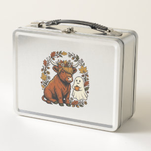 Autumn Highland Cow Ghost Vintage Engraving Shirt Metal Lunch Box