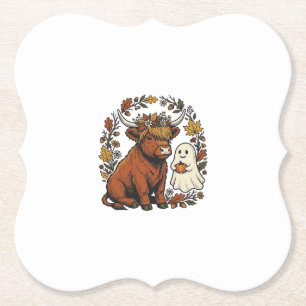 Autumn Highland Cow Ghost Vintage Engraving Shirt Paper Coaster