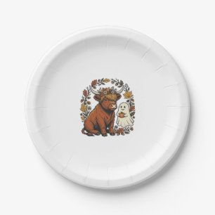 Autumn Highland Cow Ghost Vintage Engraving Shirt Paper Plate