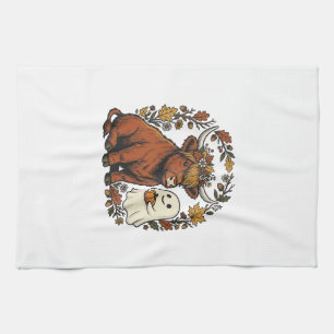Autumn Highland Cow Ghost Vintage Engraving Shirt Tea Towel