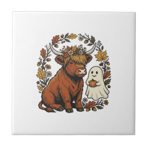 Autumn Highland Cow Ghost Vintage Engraving Shirt Tile