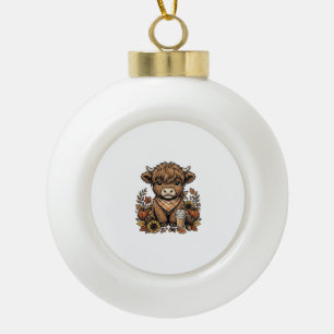 Autumn Highland Cow Vintage Fall Farmhouse Art Ceramic Ball Christmas Ornament