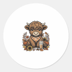 Autumn Highland Cow Vintage Fall Farmhouse Art Classic Round Sticker