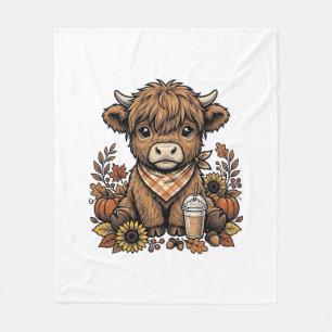 Autumn Highland Cow Vintage Fall Farmhouse Art Fleece Blanket