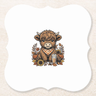 Autumn Highland Cow Vintage Fall Farmhouse Art Paper Coaster
