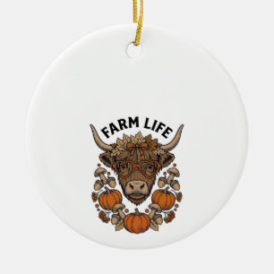 Autumn Highland Cow With Heart Glasses Ceramic Tree Decoration