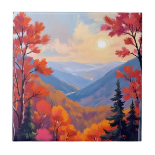 Autumn Hills Fall Leaves Foliage Watercolor Tile