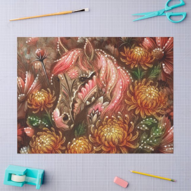 Autumn Horse Floral Chrysanthemums Decoupage Tissue Paper (Craft)