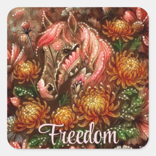 Autumn Horse Floral Chrysanthemums Personalised Square Sticker