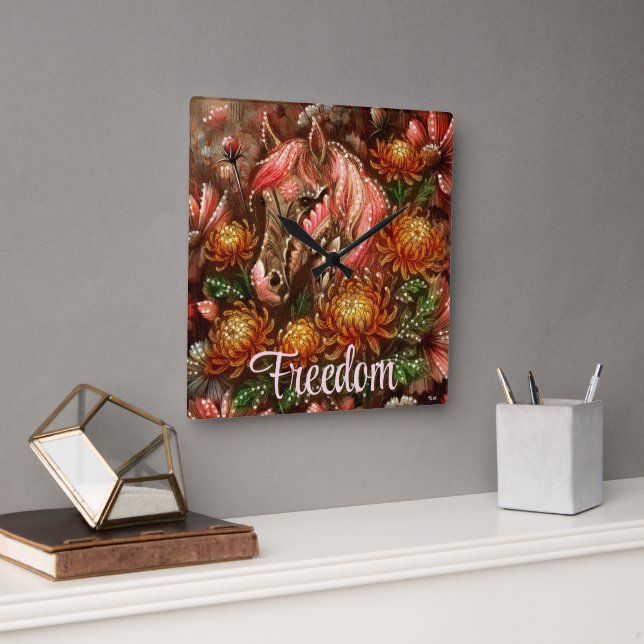 Autumn Horse Floral Chrysanthemums Personalised Square Wall Clock (Office)