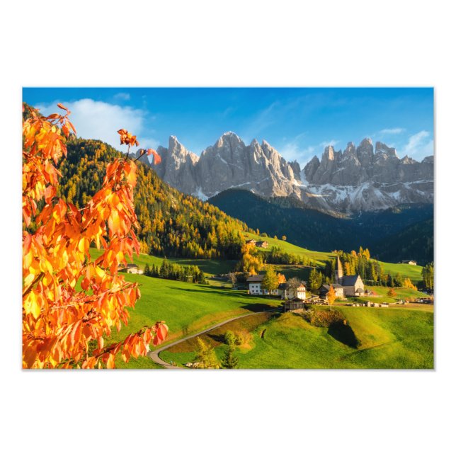 Autumn in a Dolomites landscape with church Photo Print (Front)