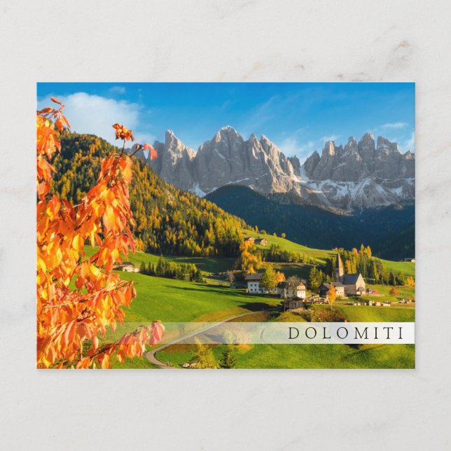 Autumn in a Dolomites landscape with church Postcard (Front)