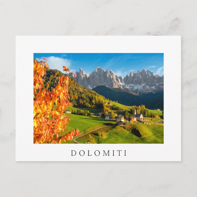 Autumn in a Dolomites landscape with church Postcard (Front)