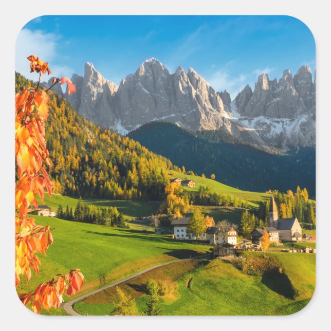 Autumn in a Dolomites landscape with church Square Sticker (Front)