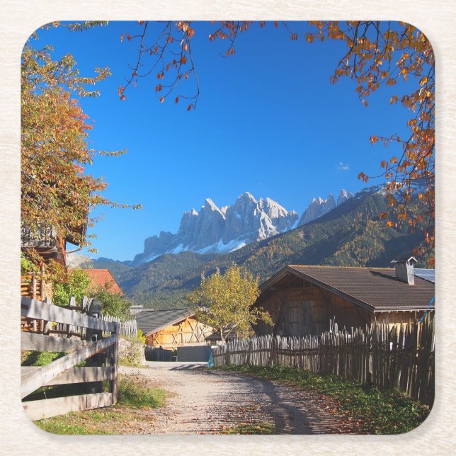Autumn in a village in the Dolomites in Italy Square Paper Coaster (Front)