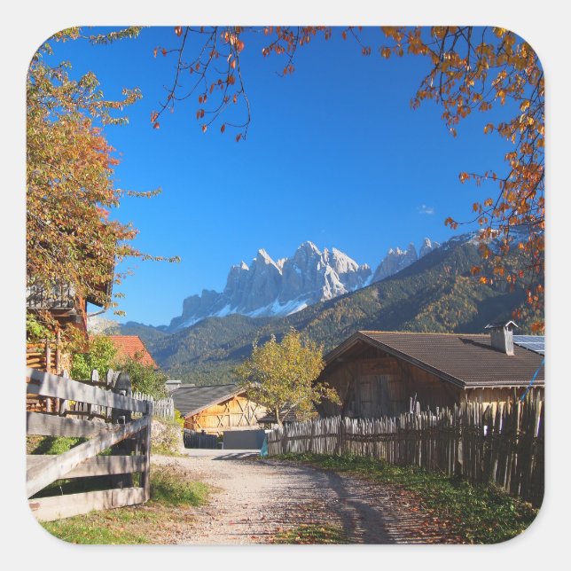 Autumn in a village in the Dolomites in Italy Square Sticker (Front)