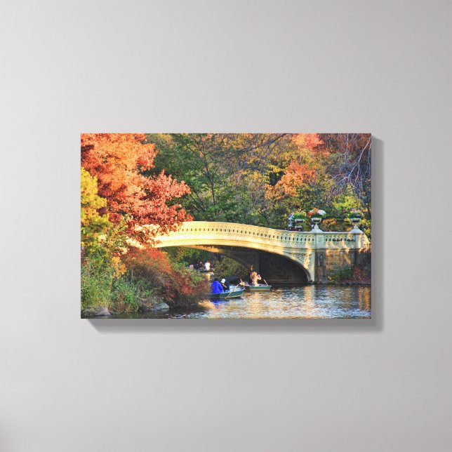 Autumn in Central Park: Boaters by Bow Bridge  #01 Canvas Print (Front)