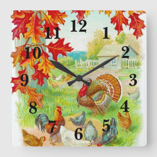 Autumn in the Farm Rustic Country Kitchen Square Wall Clock