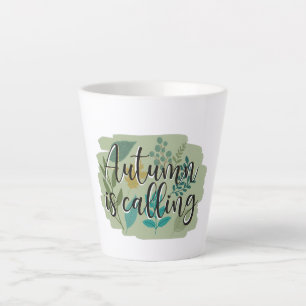 Autumn Is Calling –Fall Leaves on a Green Backdrop Latte Mug